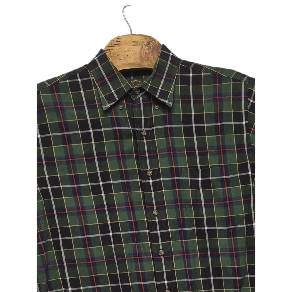 Orvis Shirt Signature Collection Mens Large Green Plaid Wool Cotton Shirt